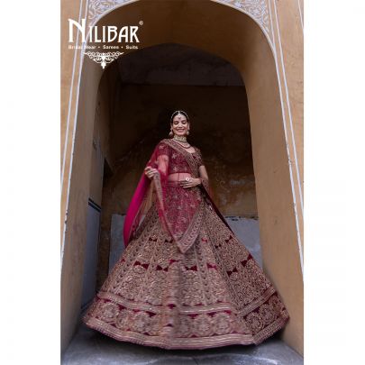 Mehroon Velvet Embroidered Bridal Lehenga