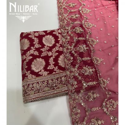 Red Banarasi Georgette Embroidered Unstitched Suit