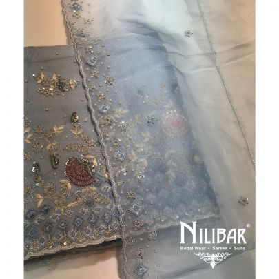 Blue Organza Embroidered Unstitched Suit