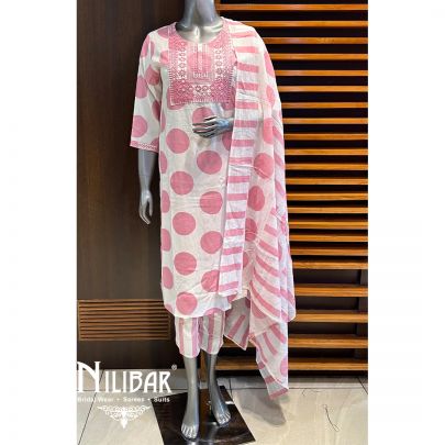 White And Pink Cotton Pant Suit