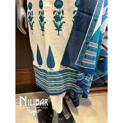 Cream And Blue Cotton Pant Suit