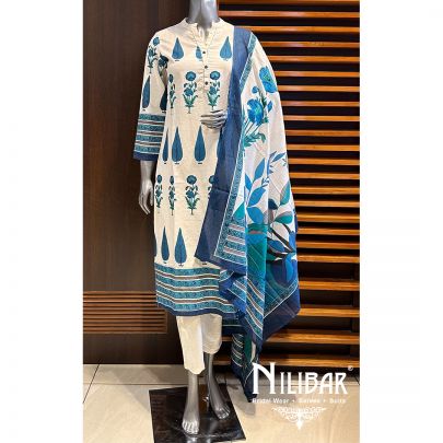 Cream And Blue Cotton Pant Suit
