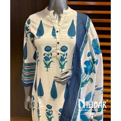Cream And Blue Cotton Pant Suit