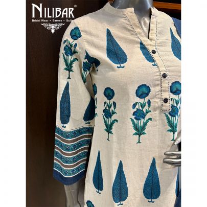 Cream And Blue Cotton Pant Suit