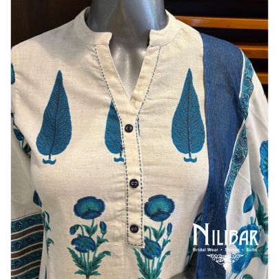 Cream And Blue Cotton Pant Suit