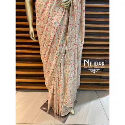 Cream Silk Printed Saree
