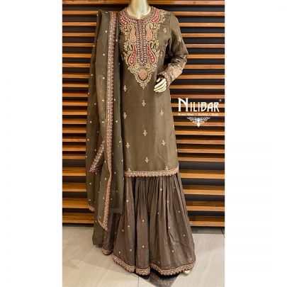 Army Green Silk and Organza Garara Suit