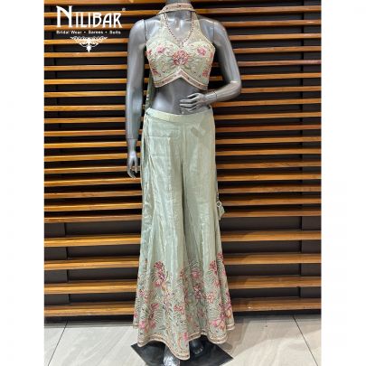 Sea Green Lamé Silk Crop Top With Bell Bottom Indo-Western Set