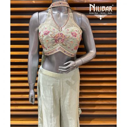 Sea Green Lamé Silk Crop Top With Bell Bottom Indo-Western Set