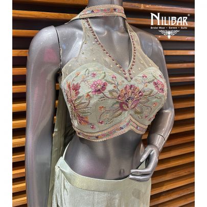 Sea Green Lamé Silk Crop Top With Bell Bottom Indo-Western Set