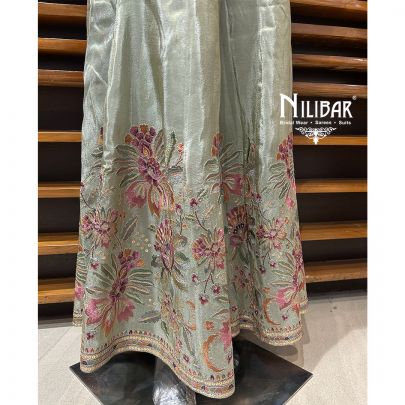 Sea Green Lamé Silk Crop Top With Bell Bottom Indo-Western Set