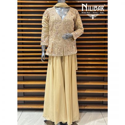 Beige Net Top With Georgette Bottom Indo-Western Set