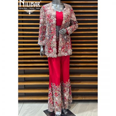 Red Silk Jacket Style Indo-Western Set
