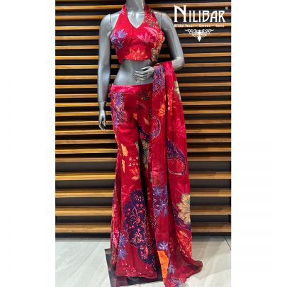 Red Georgette Printed Crop Top With Bell Bottom Indo-Western Set