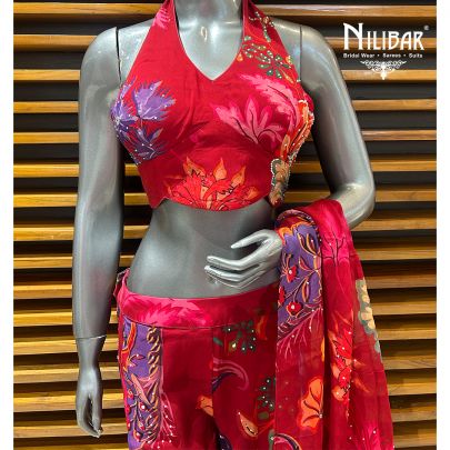 Red Georgette Printed Crop Top With Bell Bottom Indo-Western Set