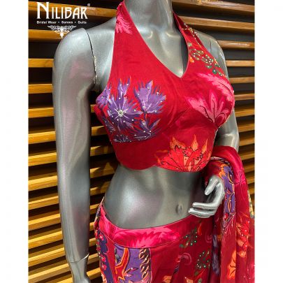 Red Georgette Printed Crop Top With Bell Bottom Indo-Western Set