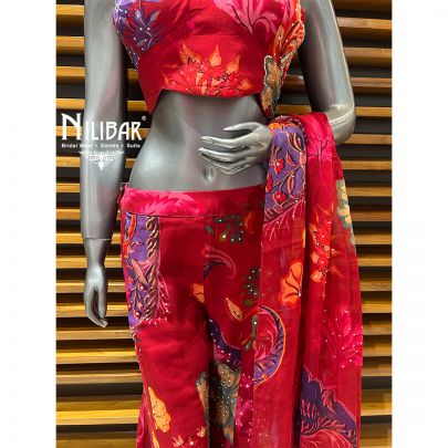 Red Georgette Printed Crop Top With Bell Bottom Indo-Western Set