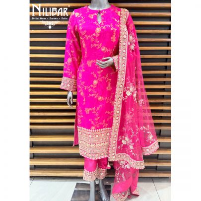 Hot Pink Banarasi Straight Shirt Paired With Pants & Heavy Embroidered Dupatta