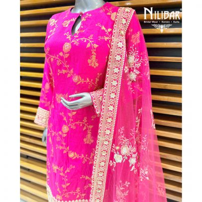 Hot Pink Banarasi Straight Shirt Paired With Pants & Heavy Embroidered Dupatta