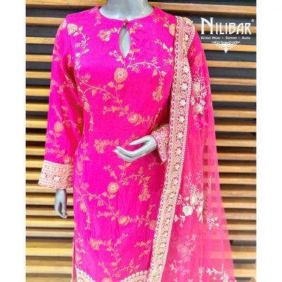 Hot Pink Banarasi Straight Shirt Paired With Pants & Heavy Embroidered Dupatta
