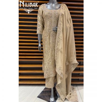 Beige Silk Straight Shirt Paired With Pants & Embroidered Organza Dupatta