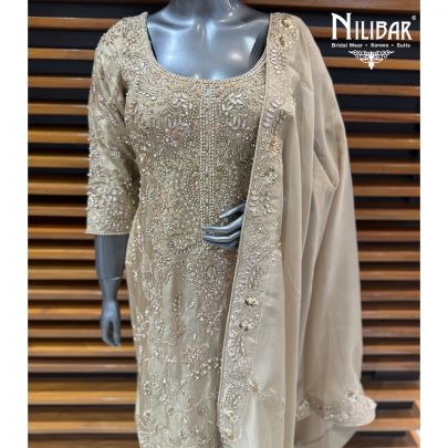 Beige Silk Straight Shirt Paired With Pants & Embroidered Organza Dupatta