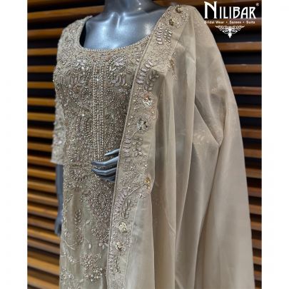 Beige Silk Straight Shirt Paired With Pants & Embroidered Organza Dupatta