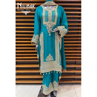 Aqua Blue Chinnon Silk Shirt Paired With Pants & Dupatta