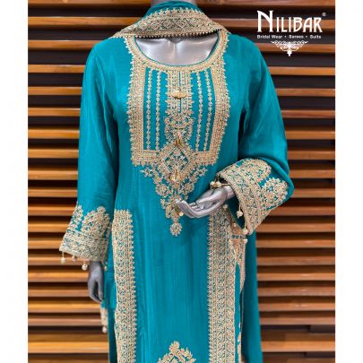 Aqua Blue Chinnon Silk Shirt Paired With Pants & Dupatta