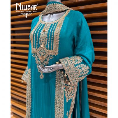 Aqua Blue Chinnon Silk Shirt Paired With Pants & Dupatta