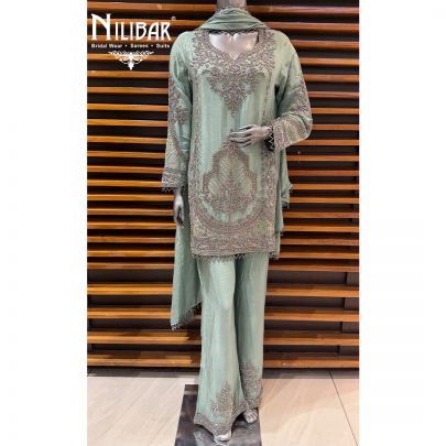 Pearl Aqua Chinnon Straight Shirt Paired With Pants & Dupatta