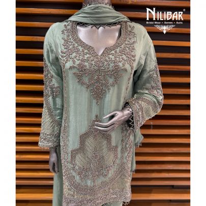 Pearl Aqua Chinnon Straight Shirt Paired With Pants & Dupatta