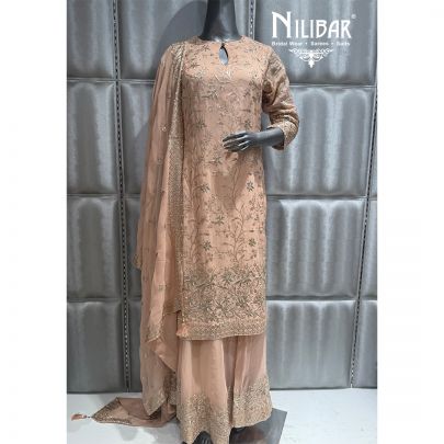 Peach Georgette Embroidered Palazzo Suit