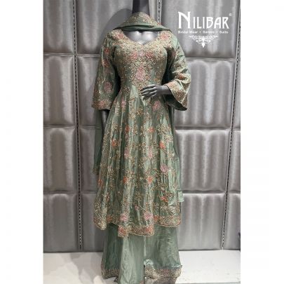 Sage Green Silk Embroidered Palazzo Suit
