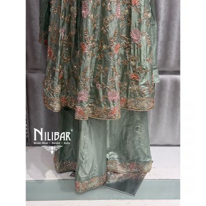 Sage Green Silk Embroidered Palazzo Suit