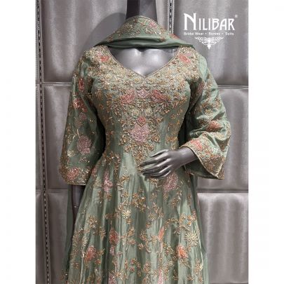 Sage Green Silk Embroidered Palazzo Suit