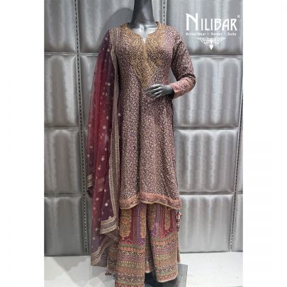 Purple Georgette Embroidered Palazzo Suit