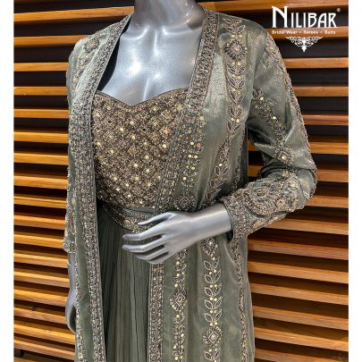 Mountain Green Lamé Silk Indo-Western Set