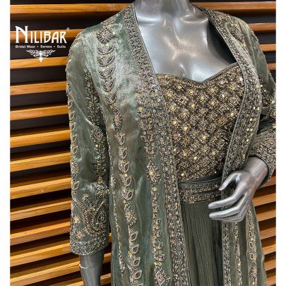 Mountain Green Lamé Silk Indo-Western Set