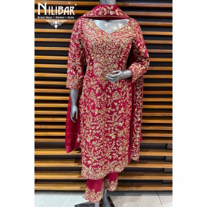 Mehroon Silk Embroidered Shirt & Loose Pants Paired With Organza Dupatta
