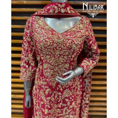 Mehroon Silk Embroidered Shirt & Loose Pants Paired With Organza Dupatta