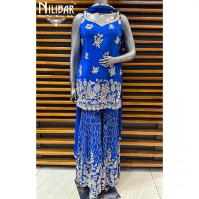 Royal Blue Lame Silk Short Shirt Paired With Garara & Dupatta