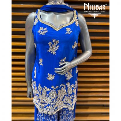 Royal Blue Lame Silk Short Shirt Paired With Garara & Dupatta