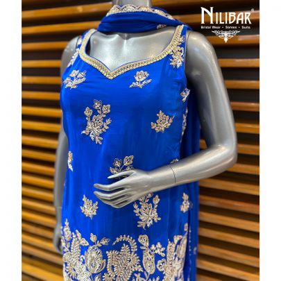 Royal Blue Lame Silk Short Shirt Paired With Garara & Dupatta