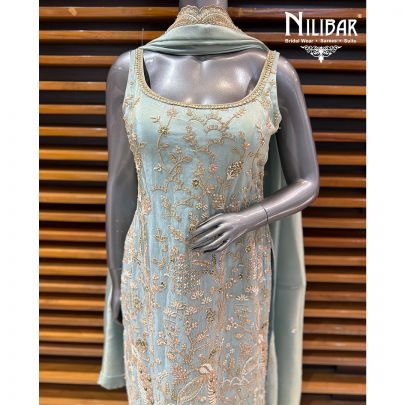 Pista Green Lame Silk Embroidered Shirt Paired With Palazzo & Dupatta