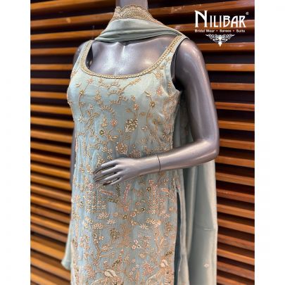 Pista Green Lame Silk Embroidered Shirt Paired With Palazzo & Dupatta