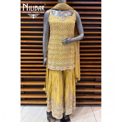 Yellow Lame Silk Short Shirt Paired With Garara & Dupatta