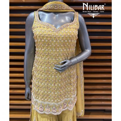 Yellow Lame Silk Short Shirt Paired With Garara & Dupatta