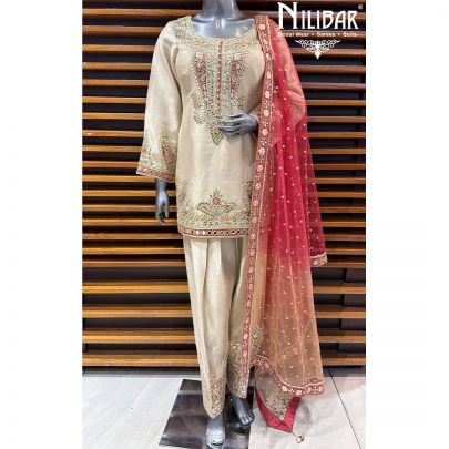 Beige & Carrot Red Silk Embroidered Shirt Paired With Farshi Salwar