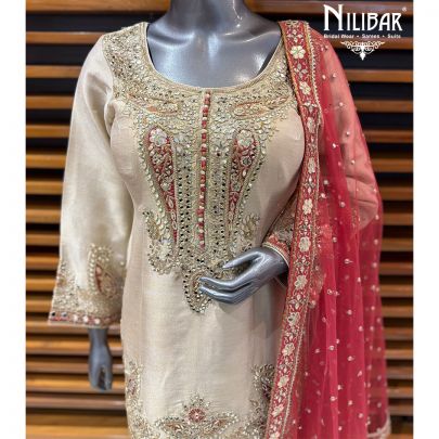 Beige & Carrot Red Silk Embroidered Shirt Paired With Farshi Salwar